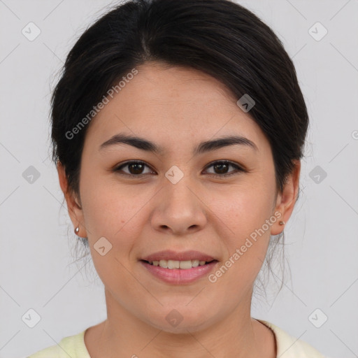 Joyful asian young-adult female with medium  brown hair and brown eyes