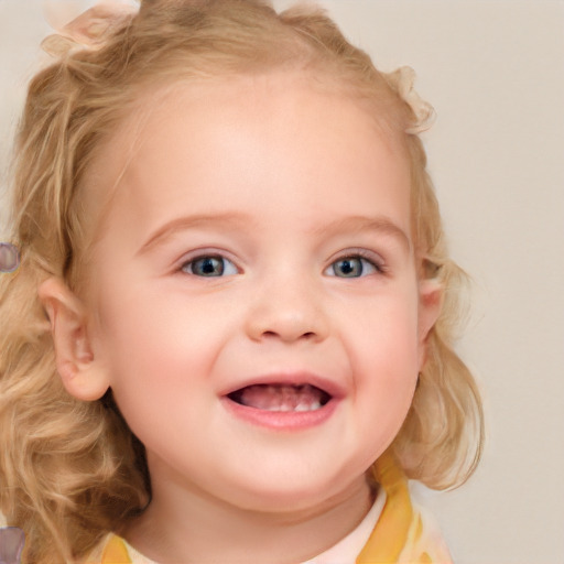 Joyful white child female with medium  brown hair and blue eyes