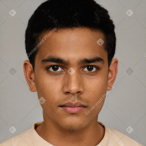 Neutral latino young-adult male with short  black hair and brown eyes