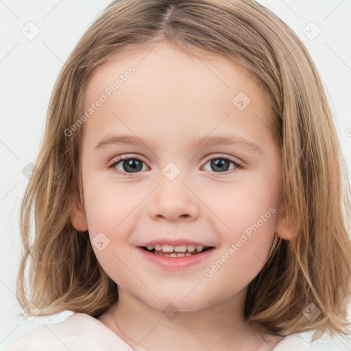 Joyful white child female with medium  brown hair and brown eyes