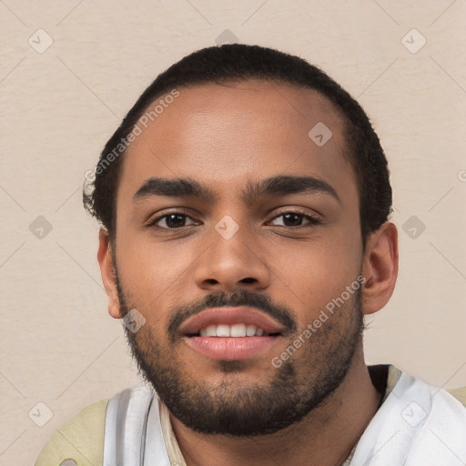 Neutral white young-adult male with short  black hair and brown eyes