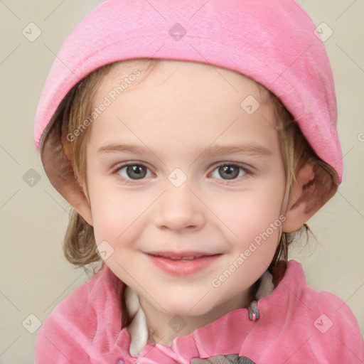 Joyful white child female with medium  brown hair and blue eyes