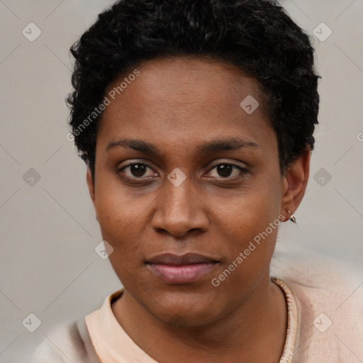 Neutral black young-adult female with short  brown hair and brown eyes