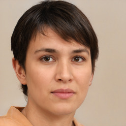 Neutral white young-adult female with short  brown hair and brown eyes