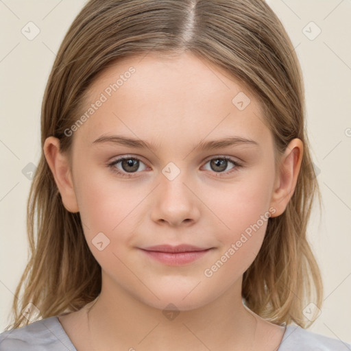 Joyful white child female with medium  brown hair and brown eyes