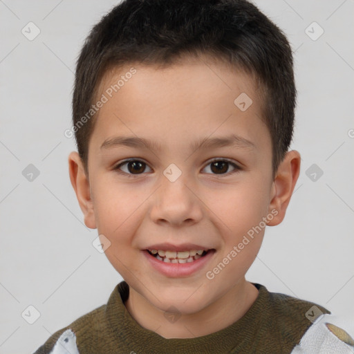 Joyful white child male with short  brown hair and brown eyes