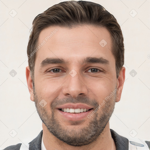 Joyful white young-adult male with short  brown hair and brown eyes