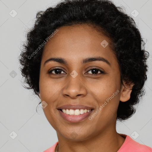 Joyful latino young-adult female with long  black hair and brown eyes