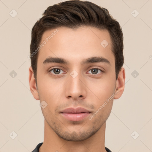 Neutral white young-adult male with short  brown hair and brown eyes