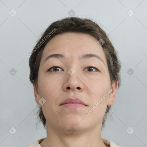 Neutral white adult female with short  brown hair and brown eyes