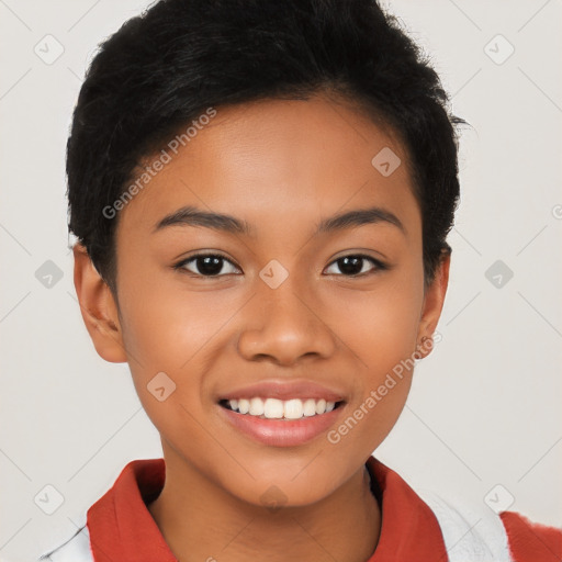 Joyful latino young-adult female with short  brown hair and brown eyes