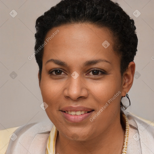 Joyful latino young-adult female with short  brown hair and brown eyes