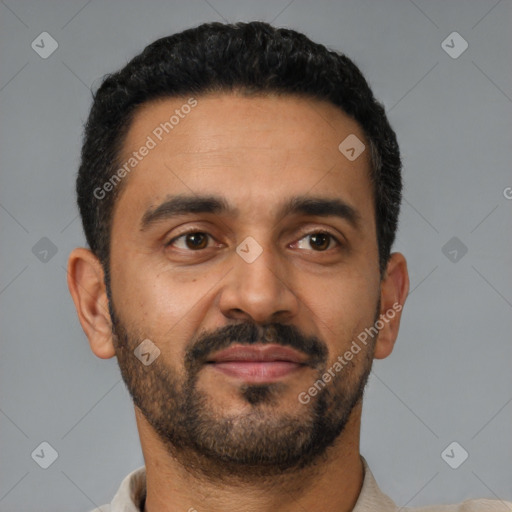 Neutral latino young-adult male with short  black hair and brown eyes
