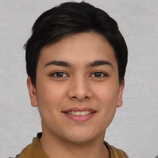 Joyful asian young-adult female with short  brown hair and brown eyes