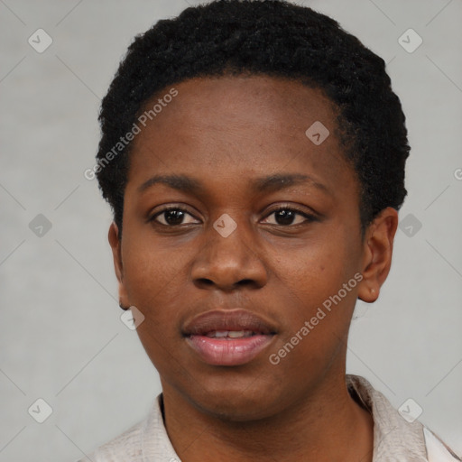 Neutral black young-adult female with short  black hair and brown eyes