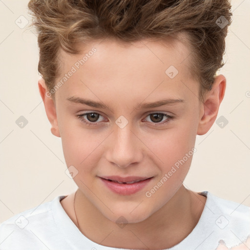 Joyful white child male with short  brown hair and brown eyes