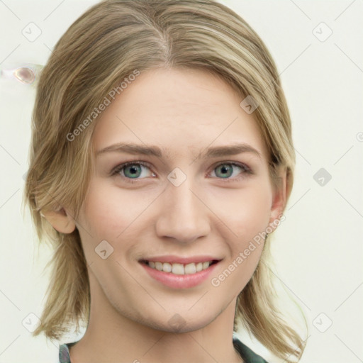 Joyful white young-adult female with medium  brown hair and green eyes