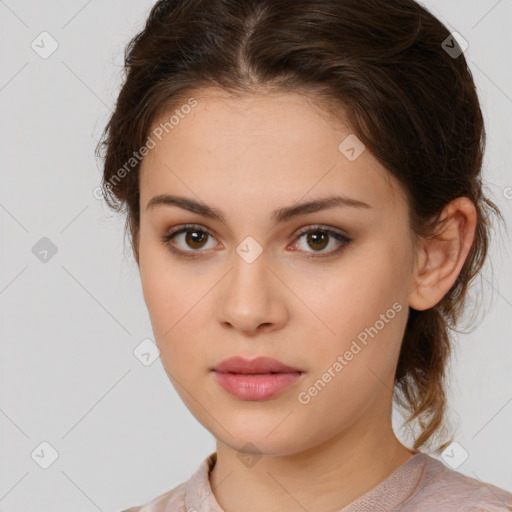 Neutral white young-adult female with medium  brown hair and brown eyes