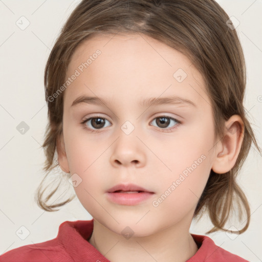 Neutral white child female with medium  brown hair and grey eyes