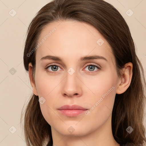 Neutral white young-adult female with long  brown hair and grey eyes