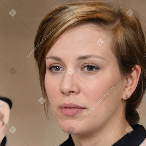 Neutral white young-adult female with medium  brown hair and brown eyes