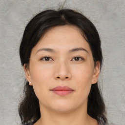 Neutral asian young-adult female with medium  brown hair and brown eyes