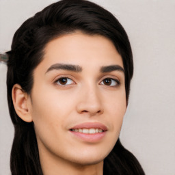 Neutral white young-adult female with long  black hair and brown eyes