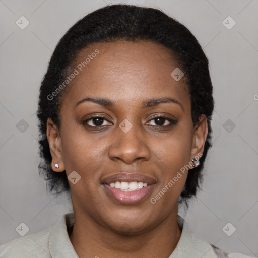 Joyful latino young-adult female with short  black hair and brown eyes