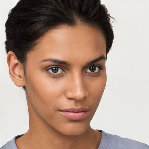 Neutral white young-adult female with short  brown hair and brown eyes