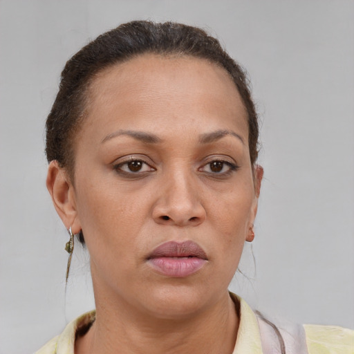 Joyful black adult female with short  brown hair and brown eyes