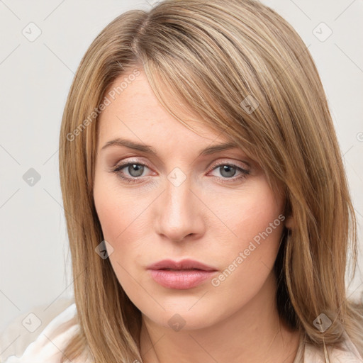 Neutral white young-adult female with medium  brown hair and grey eyes