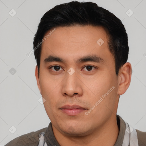 Neutral asian young-adult male with short  black hair and brown eyes