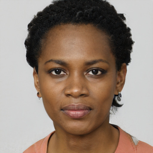 Neutral black young-adult female with short  black hair and brown eyes