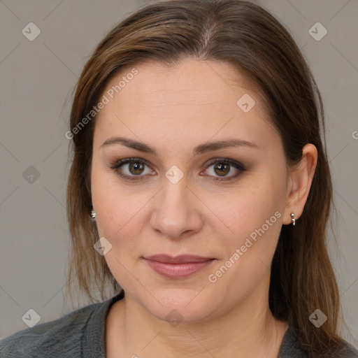 Joyful white young-adult female with medium  brown hair and brown eyes