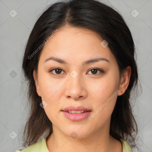 Joyful white young-adult female with medium  brown hair and brown eyes