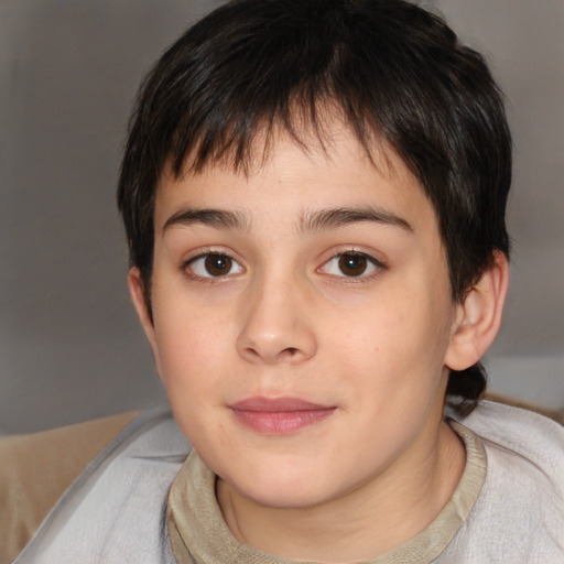 Joyful white child female with short  brown hair and brown eyes