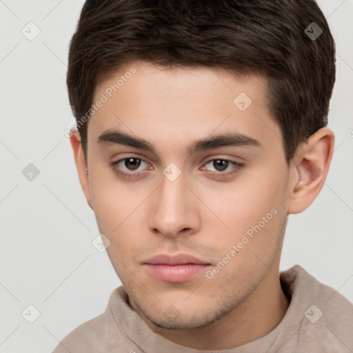 Neutral white young-adult male with short  brown hair and brown eyes