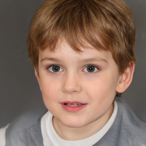 Joyful white child female with short  brown hair and brown eyes