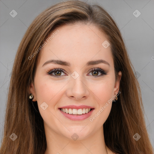 Joyful white young-adult female with long  brown hair and green eyes