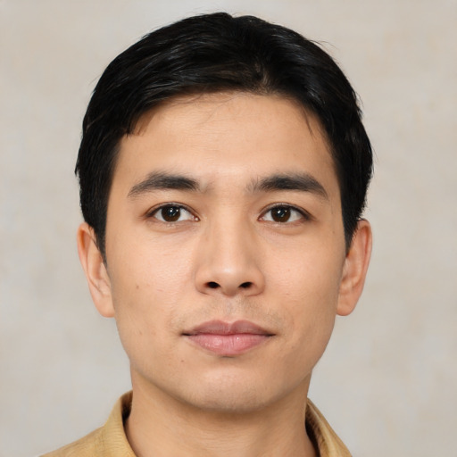 Neutral asian young-adult male with short  black hair and brown eyes
