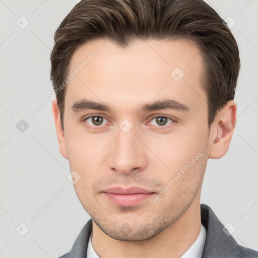 Neutral white young-adult male with short  brown hair and brown eyes