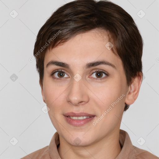 Joyful white young-adult female with short  brown hair and brown eyes