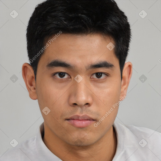 Neutral asian young-adult male with short  black hair and brown eyes