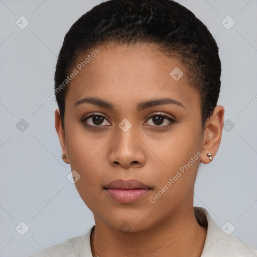 Neutral latino young-adult female with short  black hair and brown eyes