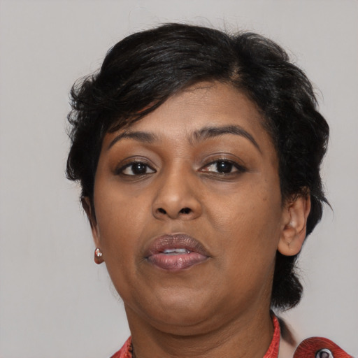 Neutral black adult female with medium  brown hair and brown eyes