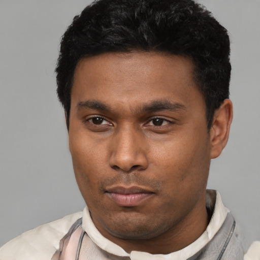 Neutral latino young-adult male with short  black hair and brown eyes