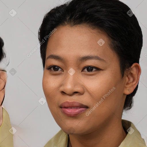 Joyful latino young-adult female with short  brown hair and brown eyes