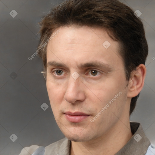 Neutral white adult male with short  brown hair and brown eyes