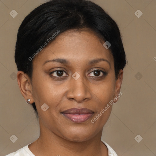 Joyful black young-adult female with short  brown hair and brown eyes