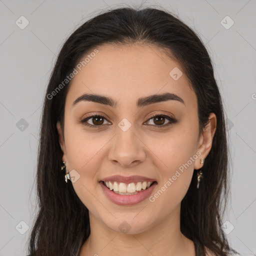 Joyful white young-adult female with long  brown hair and brown eyes